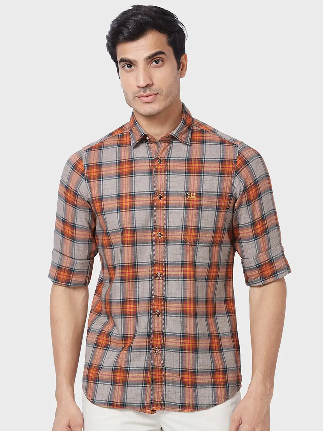 Colorplus Men Brown Checks Contemporary Fit Cotton Casual Shirt