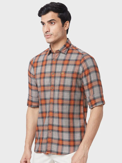 Colorplus Men Brown Checks Contemporary Fit Cotton Casual Shirt