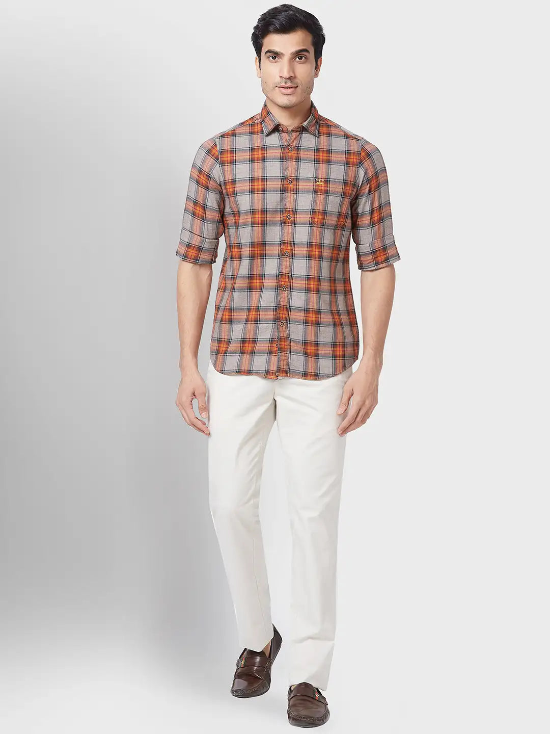 Colorplus Men Brown Checks Contemporary Fit Cotton Casual Shirt