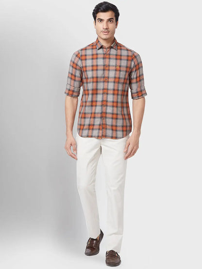 Colorplus Men Brown Checks Contemporary Fit Cotton Casual Shirt