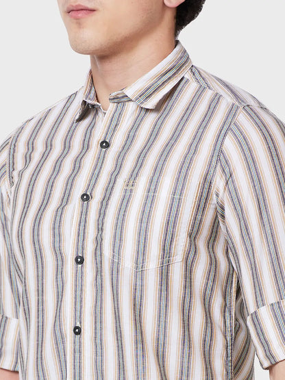 Colorplus Men Brown Striped Contemporary Fit Tencel Blend Casual Shirt