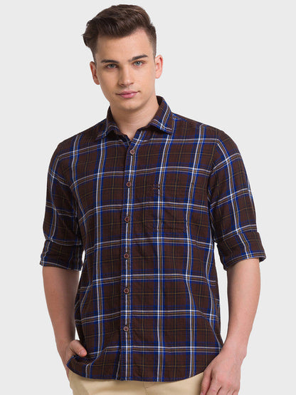 Colorplus Men Brown Checkered Tailored Fit Full Sleeve Spread Collar Shirt