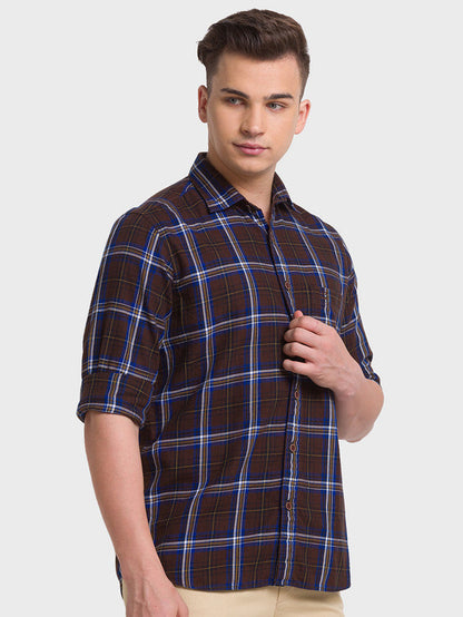 Colorplus Men Brown Checkered Tailored Fit Full Sleeve Spread Collar Shirt