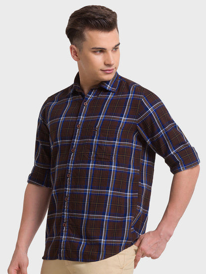 Colorplus Men Brown Checkered Tailored Fit Full Sleeve Spread Collar Shirt