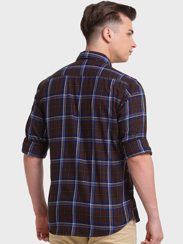 Colorplus Men Brown Checkered Tailored Fit Full Sleeve Spread Collar Shirt