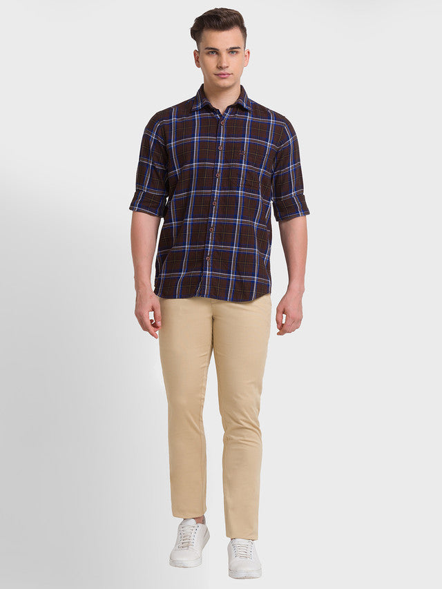 Colorplus Men Brown Checkered Tailored Fit Full Sleeve Spread Collar Shirt