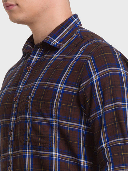 Colorplus Men Brown Checkered Tailored Fit Full Sleeve Spread Collar Shirt