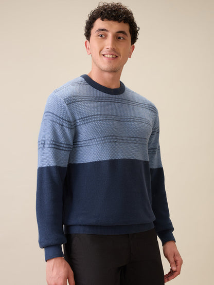 Colorplus Men Grey Jacquard Regular Fit Cotton Full Sleeve Round Neck Collar Sweater