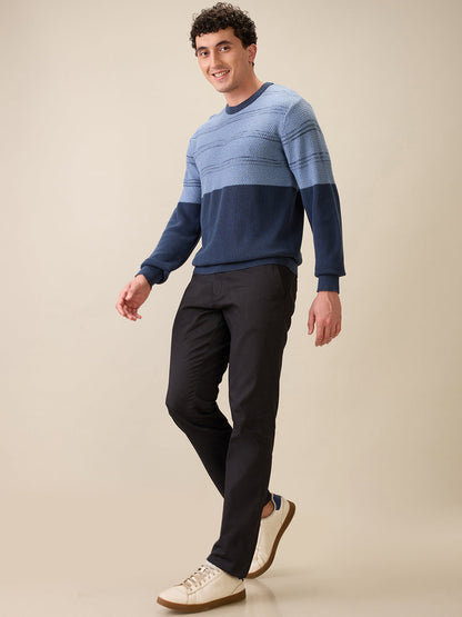 Colorplus Men Grey Jacquard Regular Fit Cotton Full Sleeve Round Neck Collar Sweater