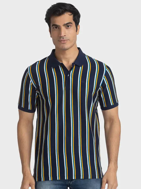 Men Navy Tailored Fit Stripe Cotton Half Sleeve T-Shirt