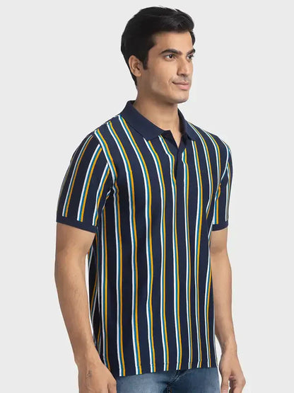 Men Navy Tailored Fit Stripe Cotton Half Sleeve T-Shirt