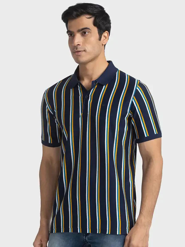 Men Navy Tailored Fit Stripe Cotton Half Sleeve T-Shirt