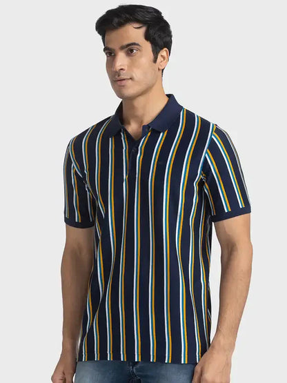 Men Navy Tailored Fit Stripe Cotton Half Sleeve T-Shirt