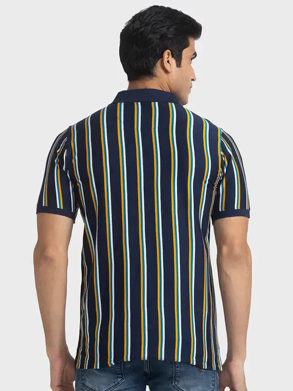 Men Navy Tailored Fit Stripe Cotton Half Sleeve T-Shirt