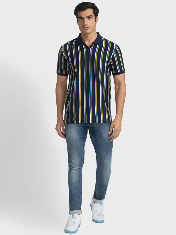 Men Navy Tailored Fit Stripe Cotton Half Sleeve T-Shirt