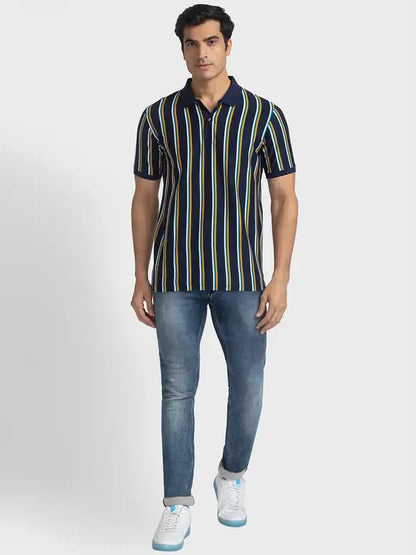 Men Navy Tailored Fit Stripe Cotton Half Sleeve T-Shirt