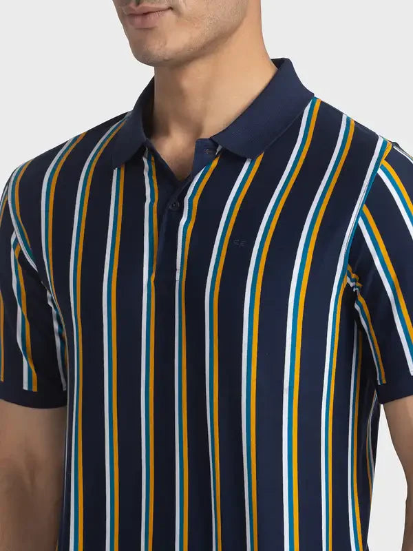 Men Navy Tailored Fit Stripe Cotton Half Sleeve T-Shirt