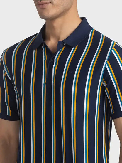 Men Navy Tailored Fit Stripe Cotton Half Sleeve T-Shirt
