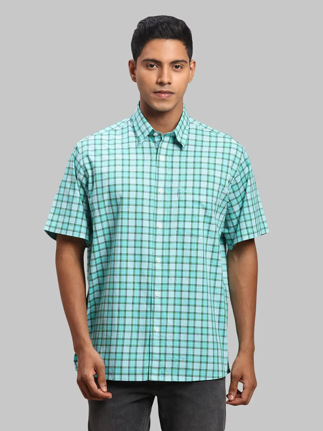 Men Green Classic Fit Checks Cotton Half Sleeve Shirts