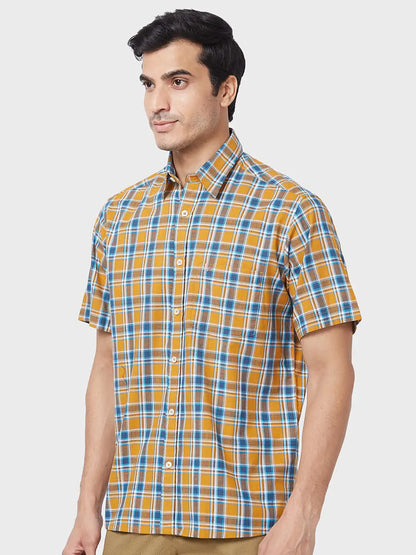 Men Yellow Classic Fit Checks Cotton Half Sleeve Shirts