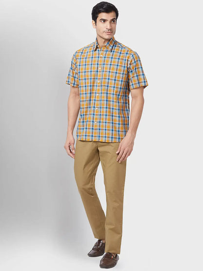 Men Yellow Classic Fit Checks Cotton Half Sleeve Shirts