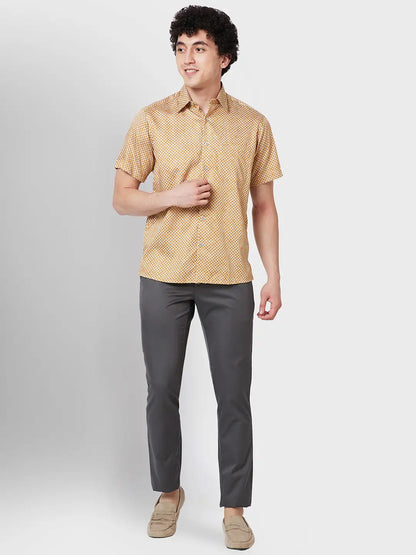 Men Yellow Classic Fit Print Cotton Half Sleeve Shirts