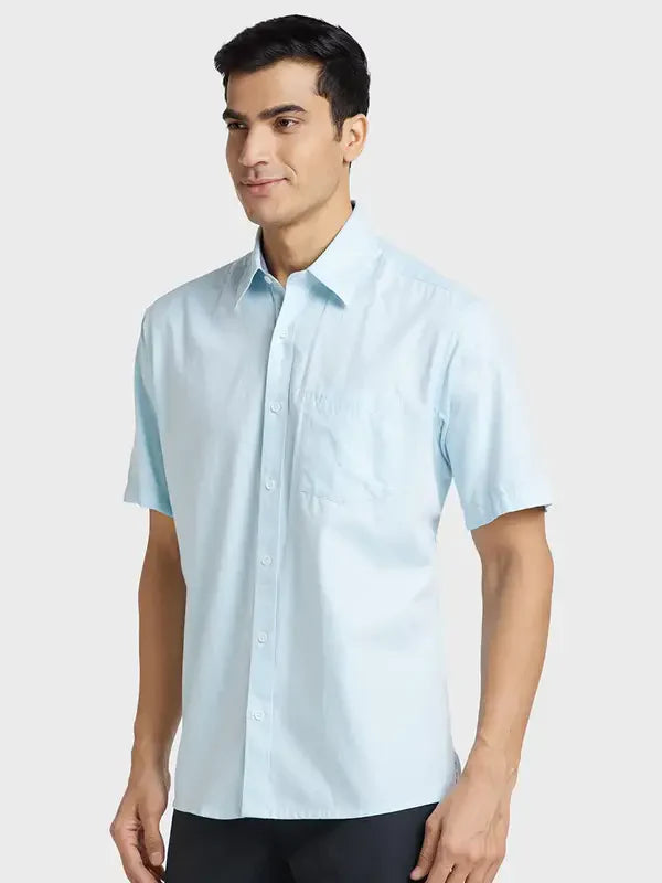 Men Blue Classic Fit Solid Cotton Half Sleeve Shirts