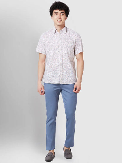 Men White Classic Fit Print Cotton Half Sleeve Shirts