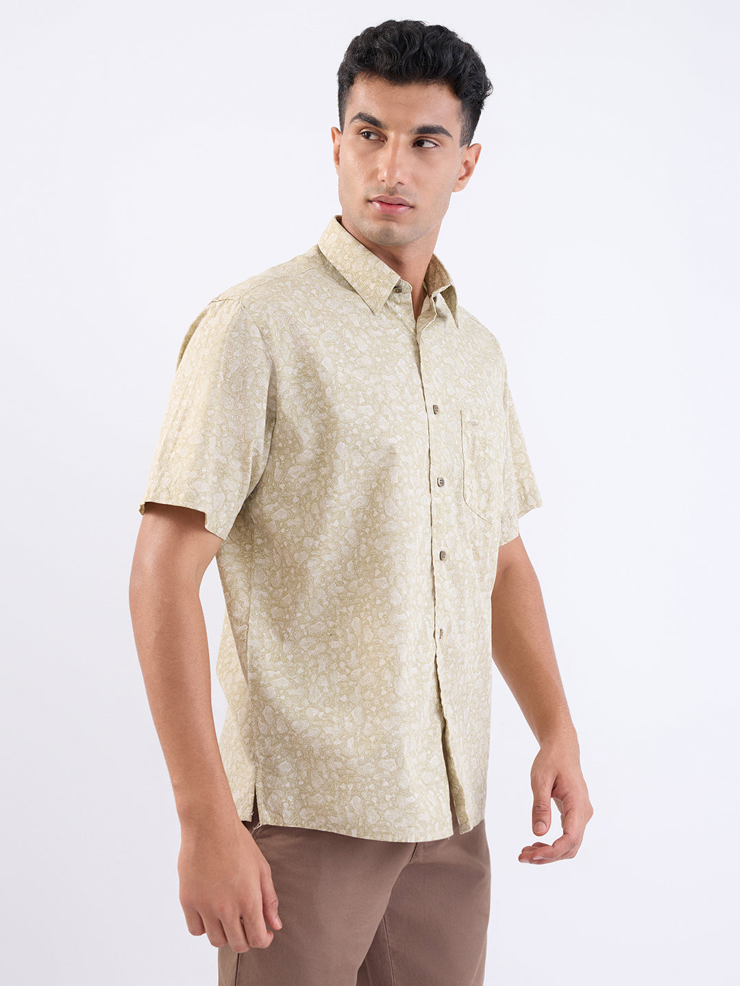 Colorplus Men Khaki Printed Comfort Fit Cotton Half Sleeve Casual Shirt