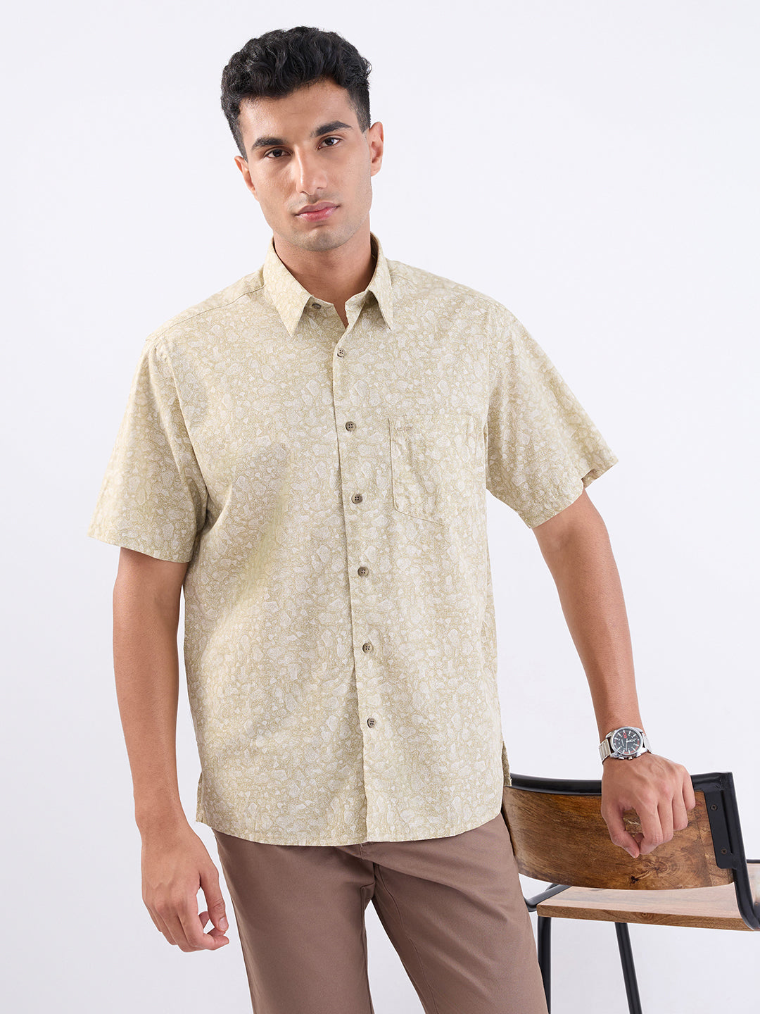 Colorplus Men Khaki Printed Comfort Fit Cotton Half Sleeve Casual Shirt