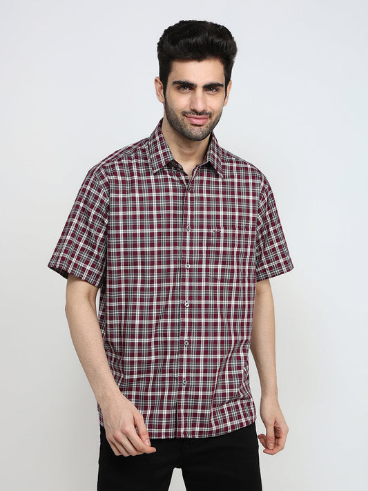 Colorplus Men Maroon Checks Comfort Fit Cotton Half Sleeve Casual Shirt