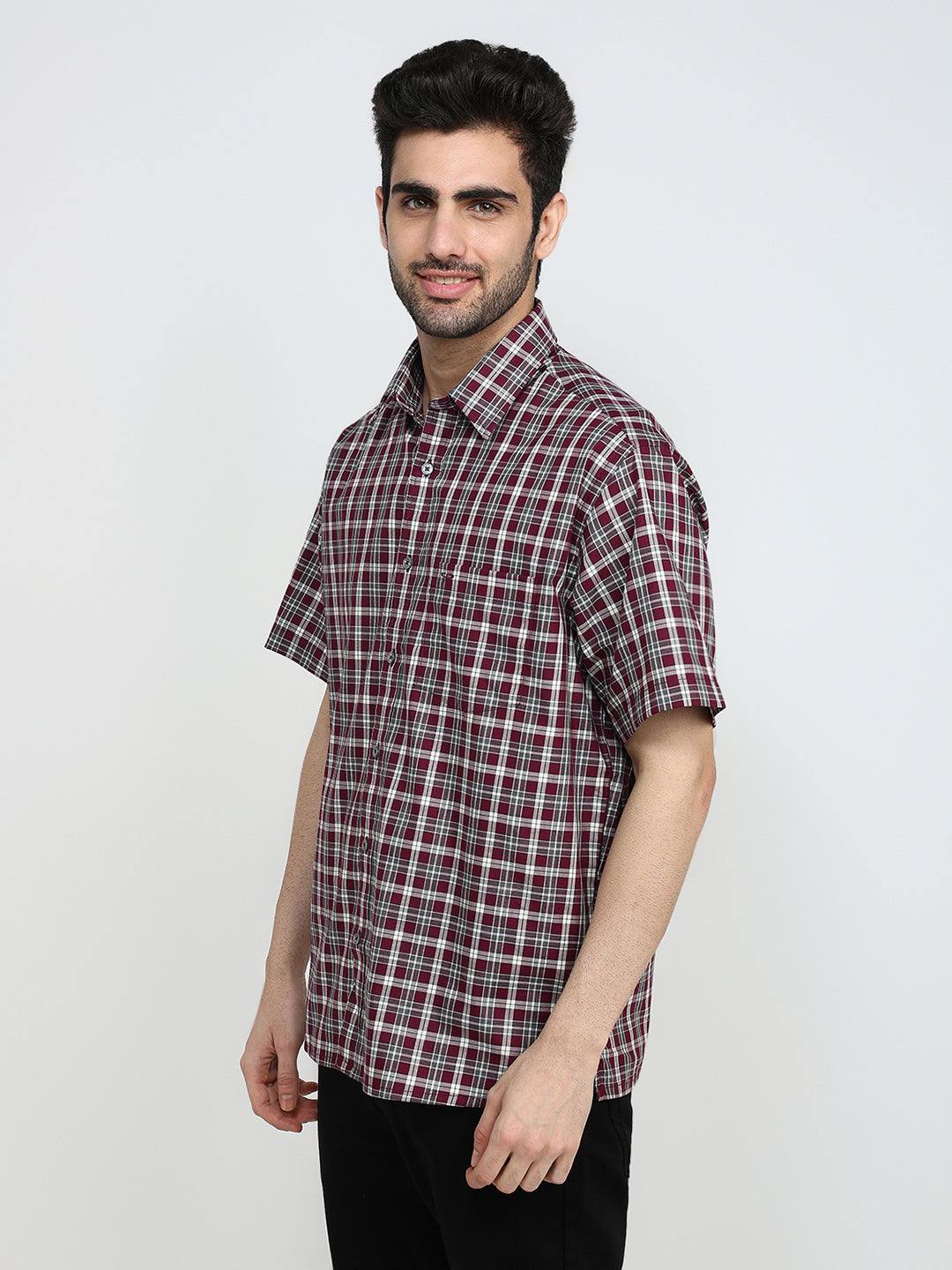 Colorplus Men Maroon Checks Comfort Fit Cotton Half Sleeve Casual Shirt