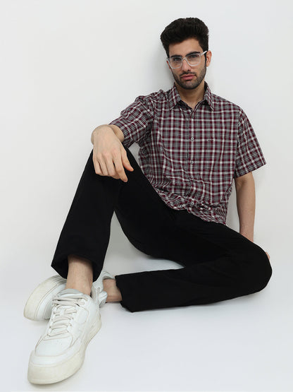 Colorplus Men Maroon Checks Comfort Fit Cotton Half Sleeve Casual Shirt