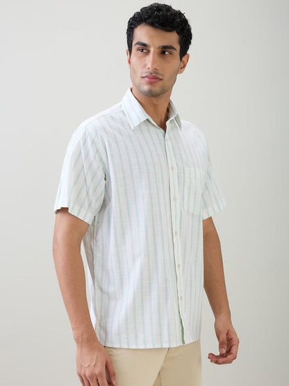 Colorplus Men Brown Stripe Comfort Fit Cotton Half Sleeve Casual Shirt