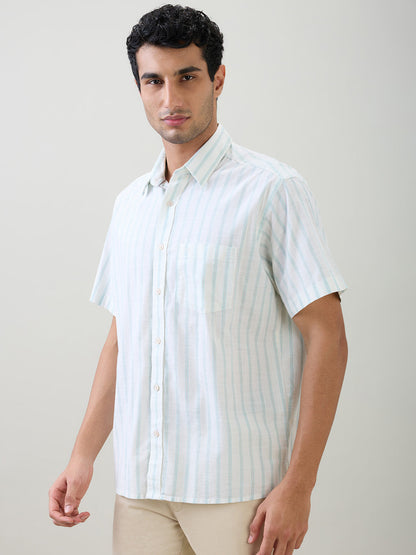 Colorplus Men Brown Stripe Comfort Fit Cotton Half Sleeve Casual Shirt