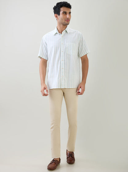 Colorplus Men Brown Stripe Comfort Fit Cotton Half Sleeve Casual Shirt