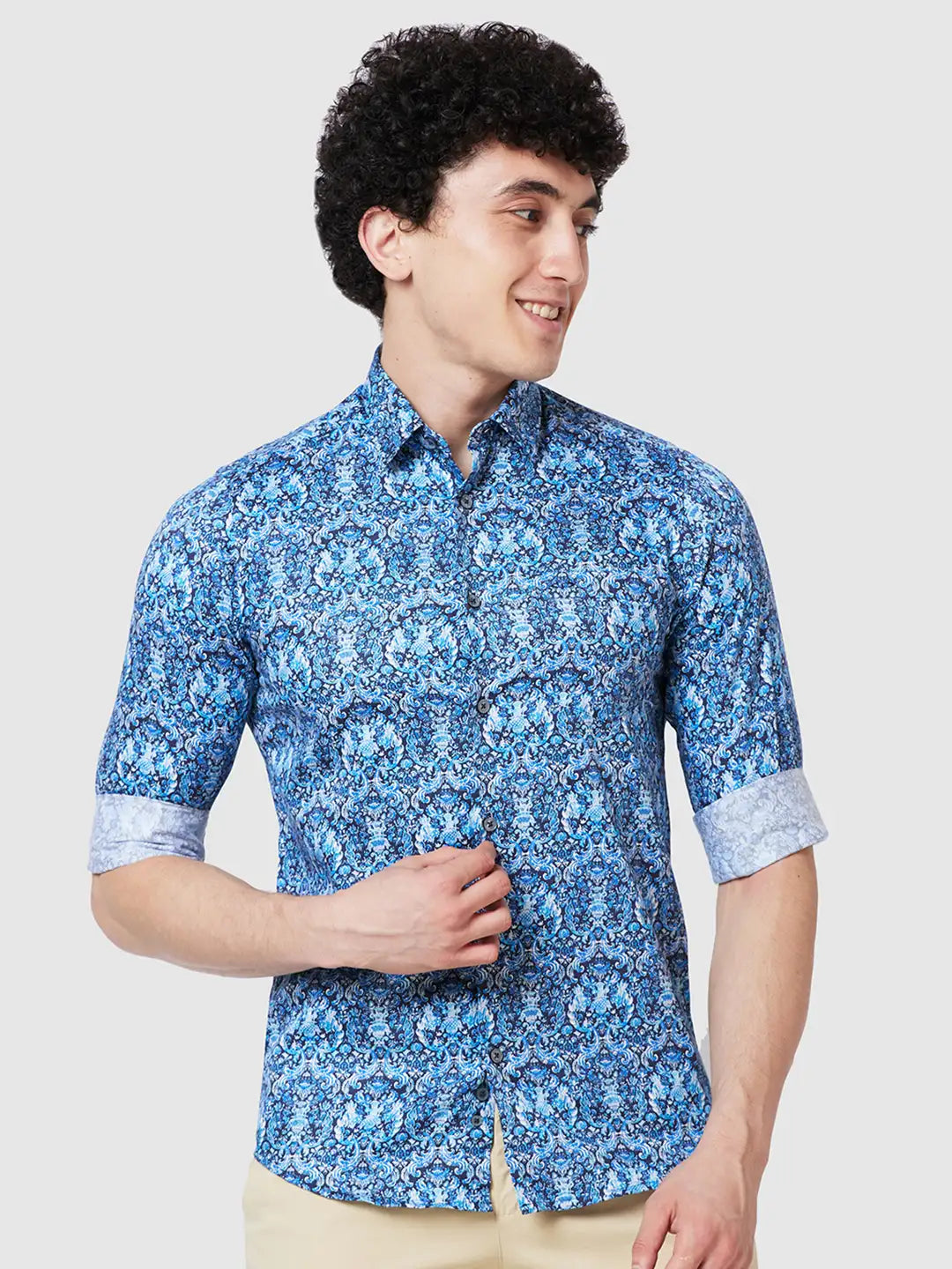 Men Blue Contemporary Fit Print Cotton Full Sleeve Shirts