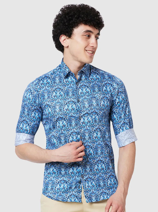 Men Blue Contemporary Fit Print Cotton Full Sleeve Shirts