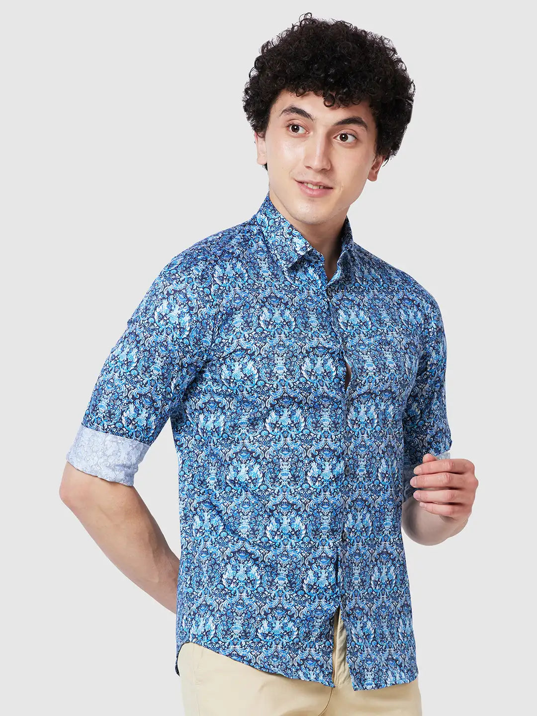 Men Blue Contemporary Fit Print Cotton Full Sleeve Shirts