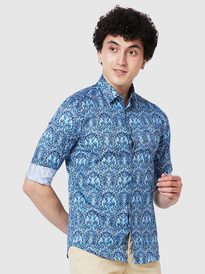 Men Blue Contemporary Fit Print Cotton Full Sleeve Shirts