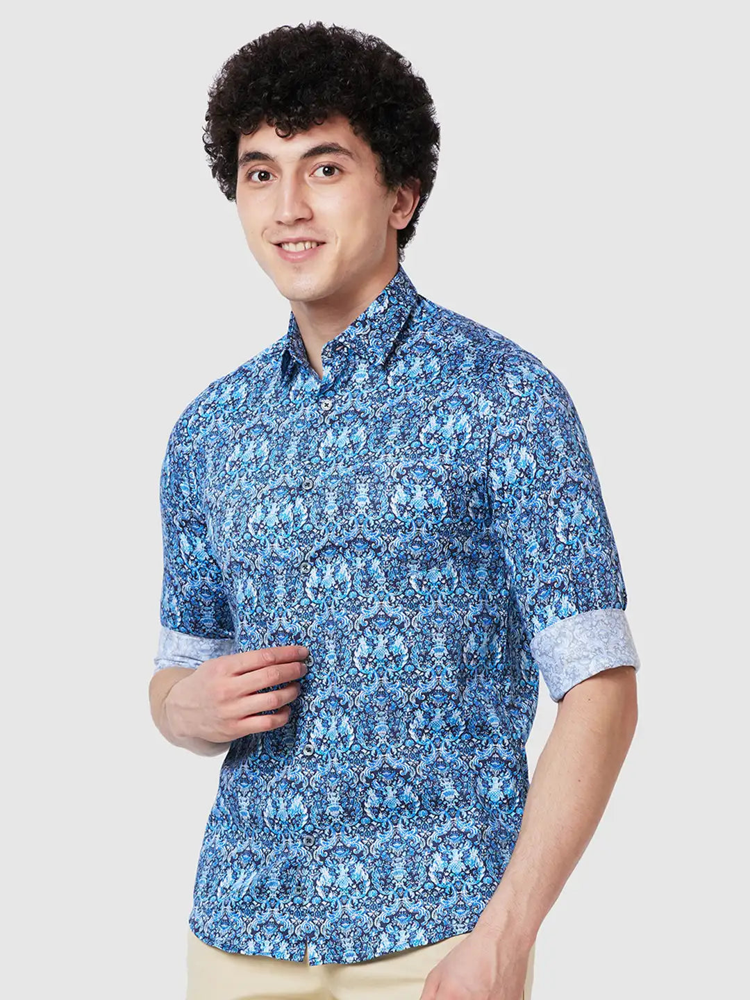 Men Blue Contemporary Fit Print Cotton Full Sleeve Shirts