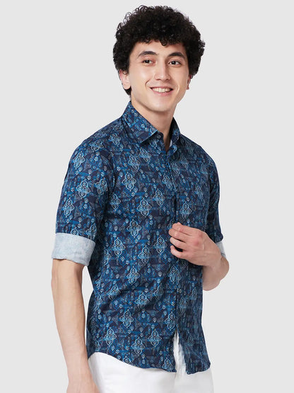 Men Blue Contemporary Fit Print Cotton Full Sleeve Shirts