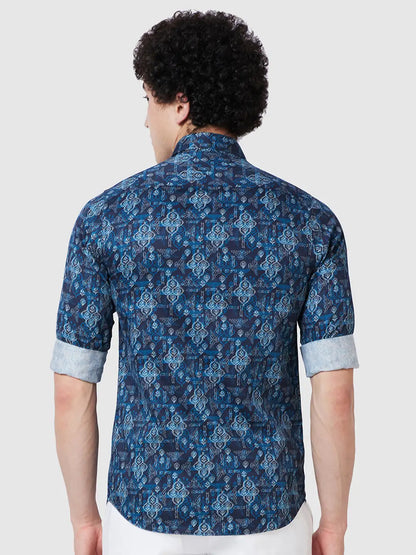 Men Blue Contemporary Fit Print Cotton Full Sleeve Shirts