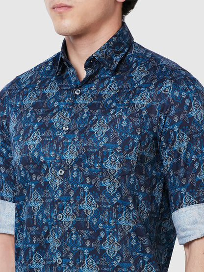 Men Blue Contemporary Fit Print Cotton Full Sleeve Shirts