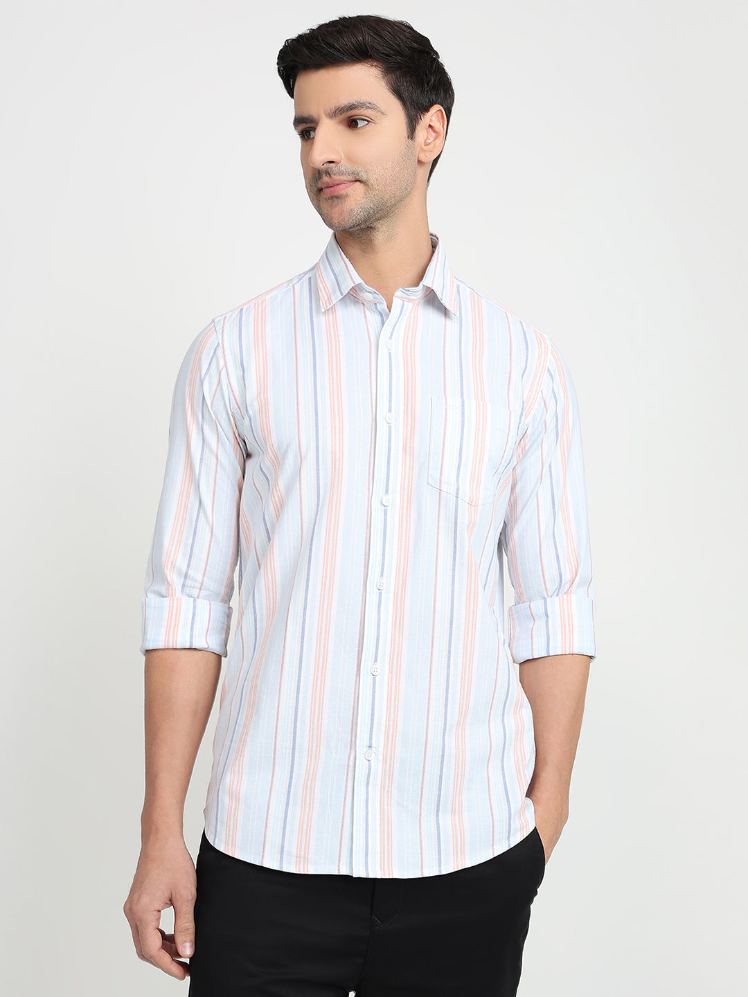 Colorplus Men Blue Stripe Slim Fit Cotton Blend Full Sleeve Casual Shirt