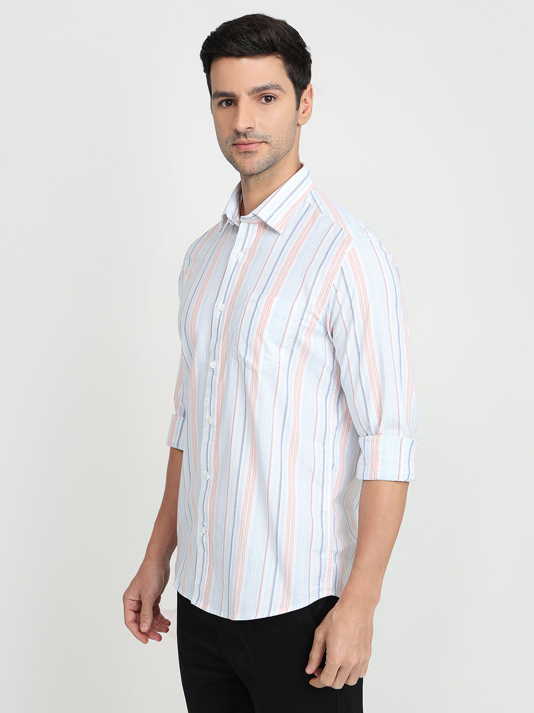 Colorplus Men Blue Stripe Slim Fit Cotton Blend Full Sleeve Casual Shirt