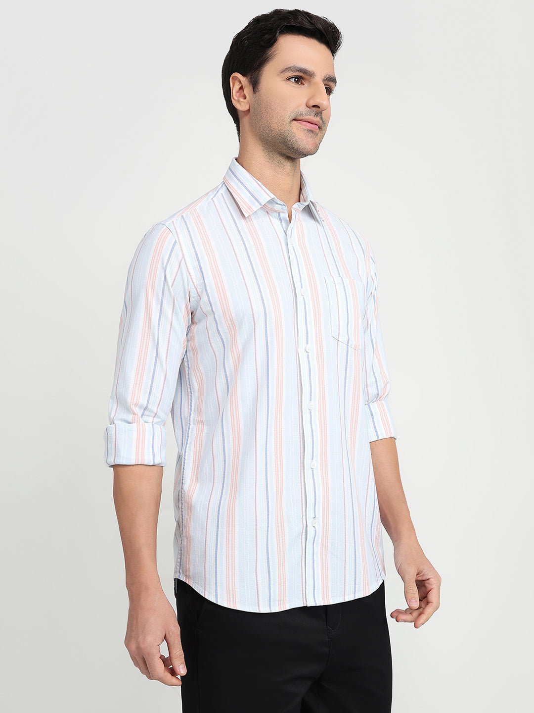 Colorplus Men Blue Stripe Slim Fit Cotton Blend Full Sleeve Casual Shirt