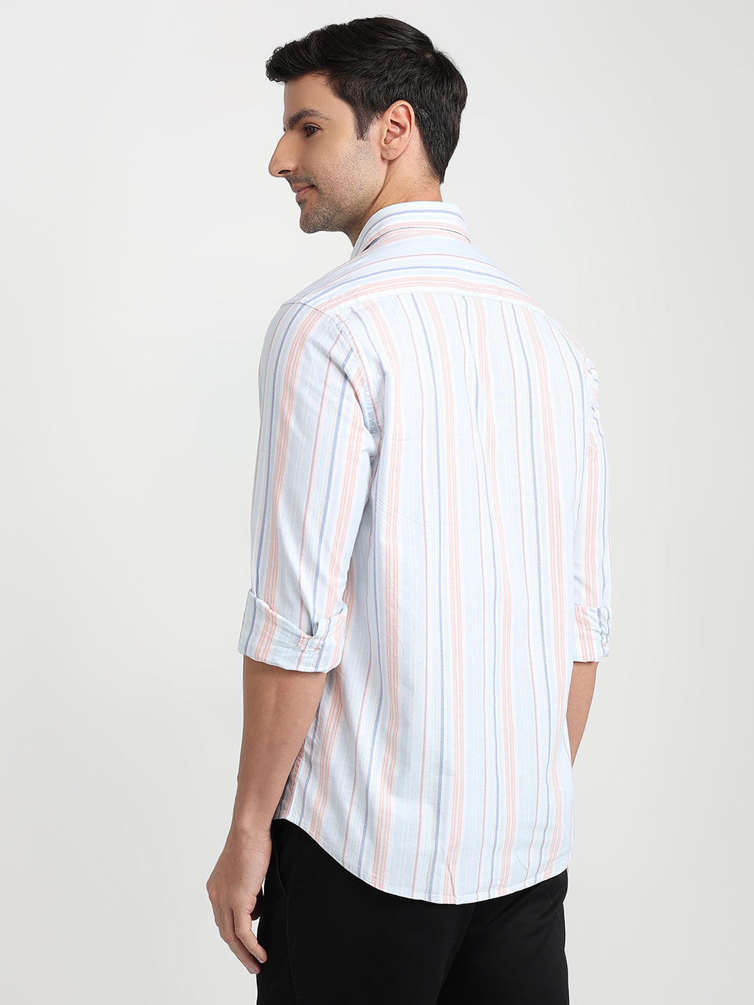 Colorplus Men Blue Stripe Slim Fit Cotton Blend Full Sleeve Casual Shirt