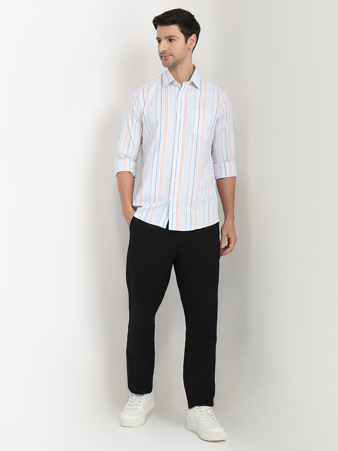 Colorplus Men Blue Stripe Slim Fit Cotton Blend Full Sleeve Casual Shirt