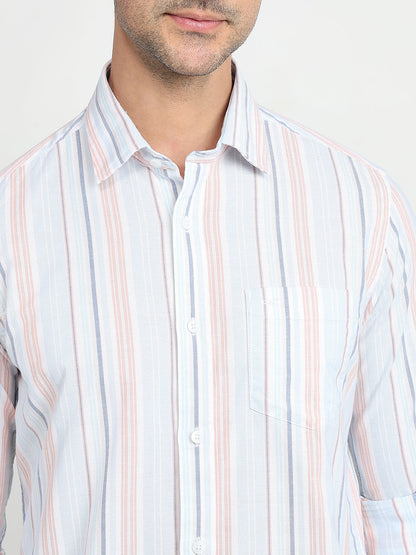 Colorplus Men Blue Stripe Slim Fit Cotton Blend Full Sleeve Casual Shirt